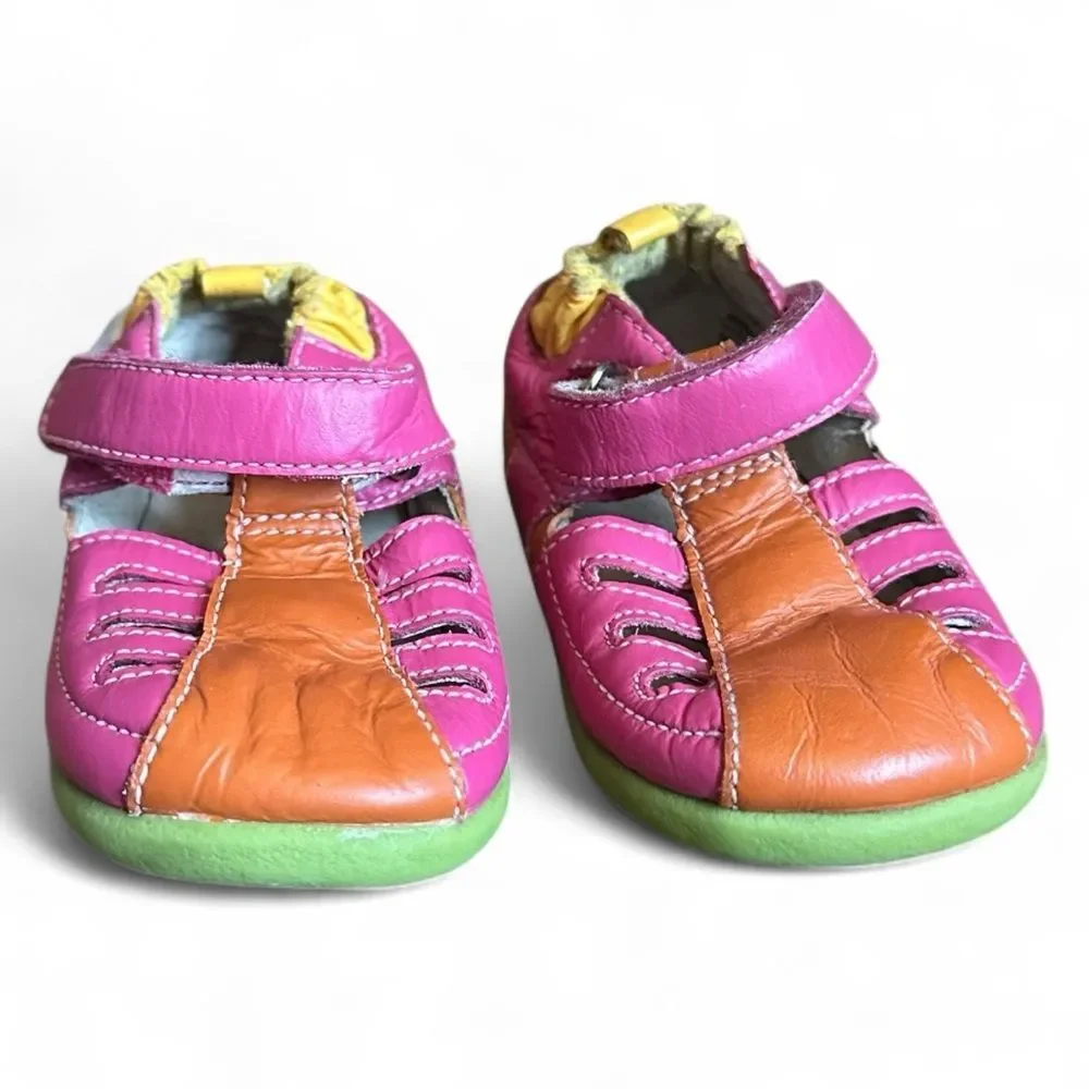 Robeez Pink Orange Leather Baby Sandals Size 12-16 Months Soft Sole